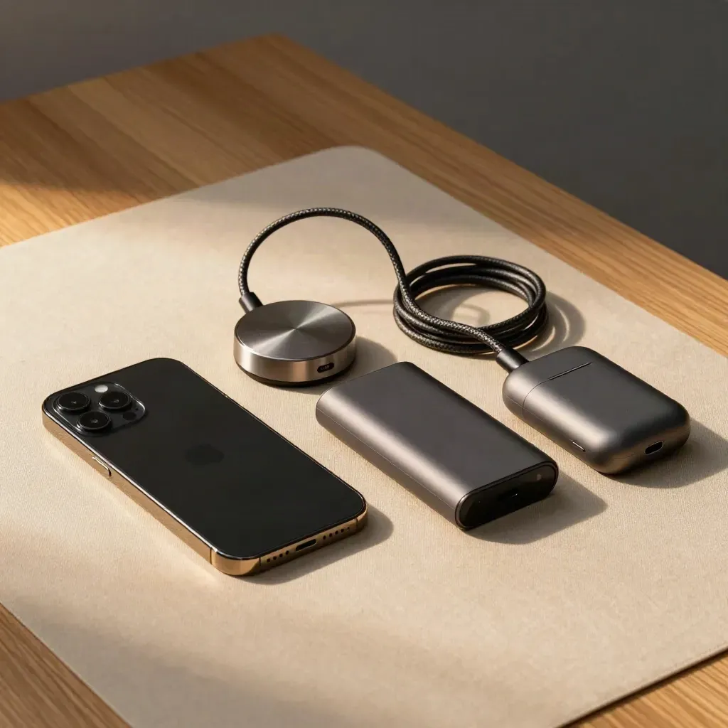 Face-down phone, charging puck, earbuds case, and cable coil settling on a warm oak desk.