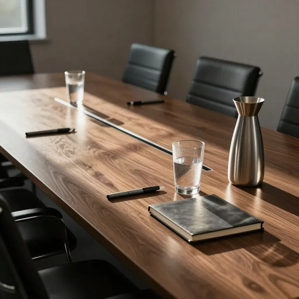 Late-afternoon boardroom reset with leather chairs, tumblers, markers and a closed notebook.