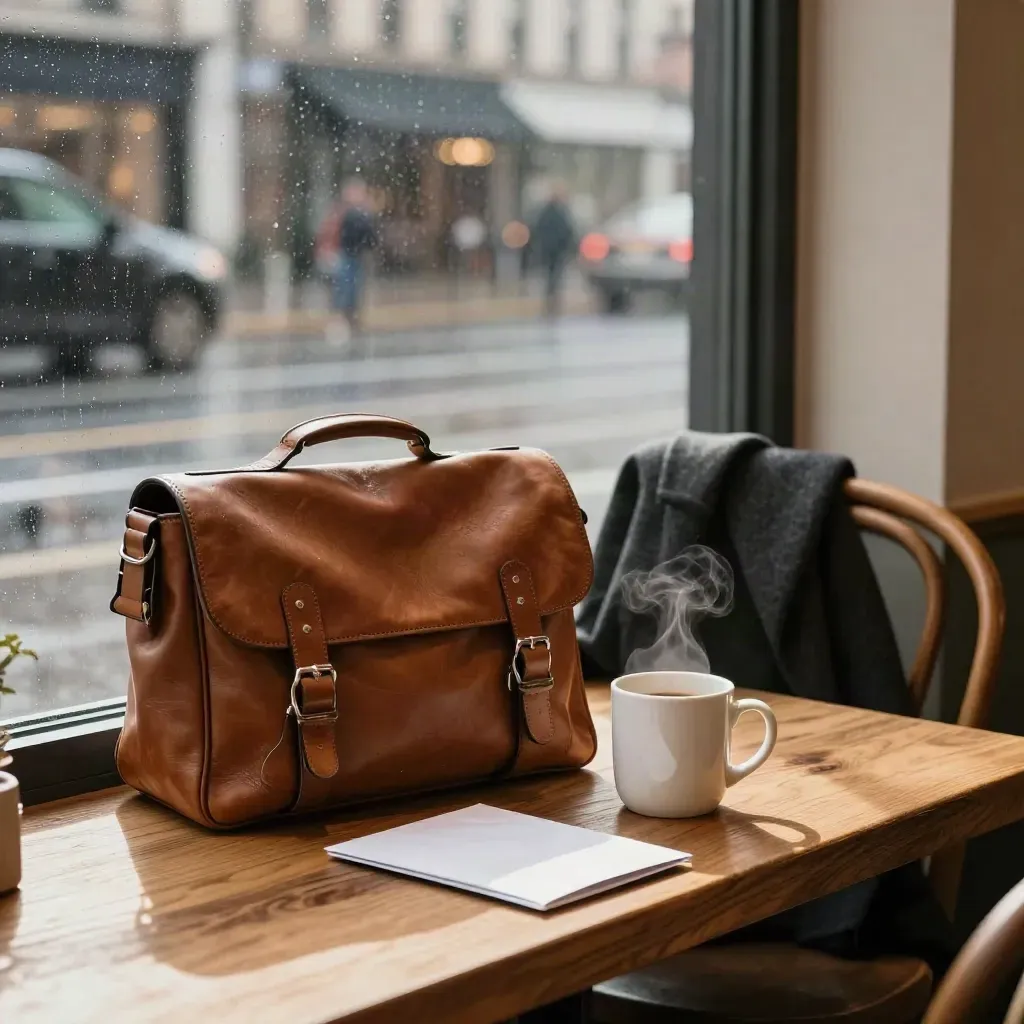 Rain-specked café window with bag, coat, mug and briefing envelope on an oak ledge.