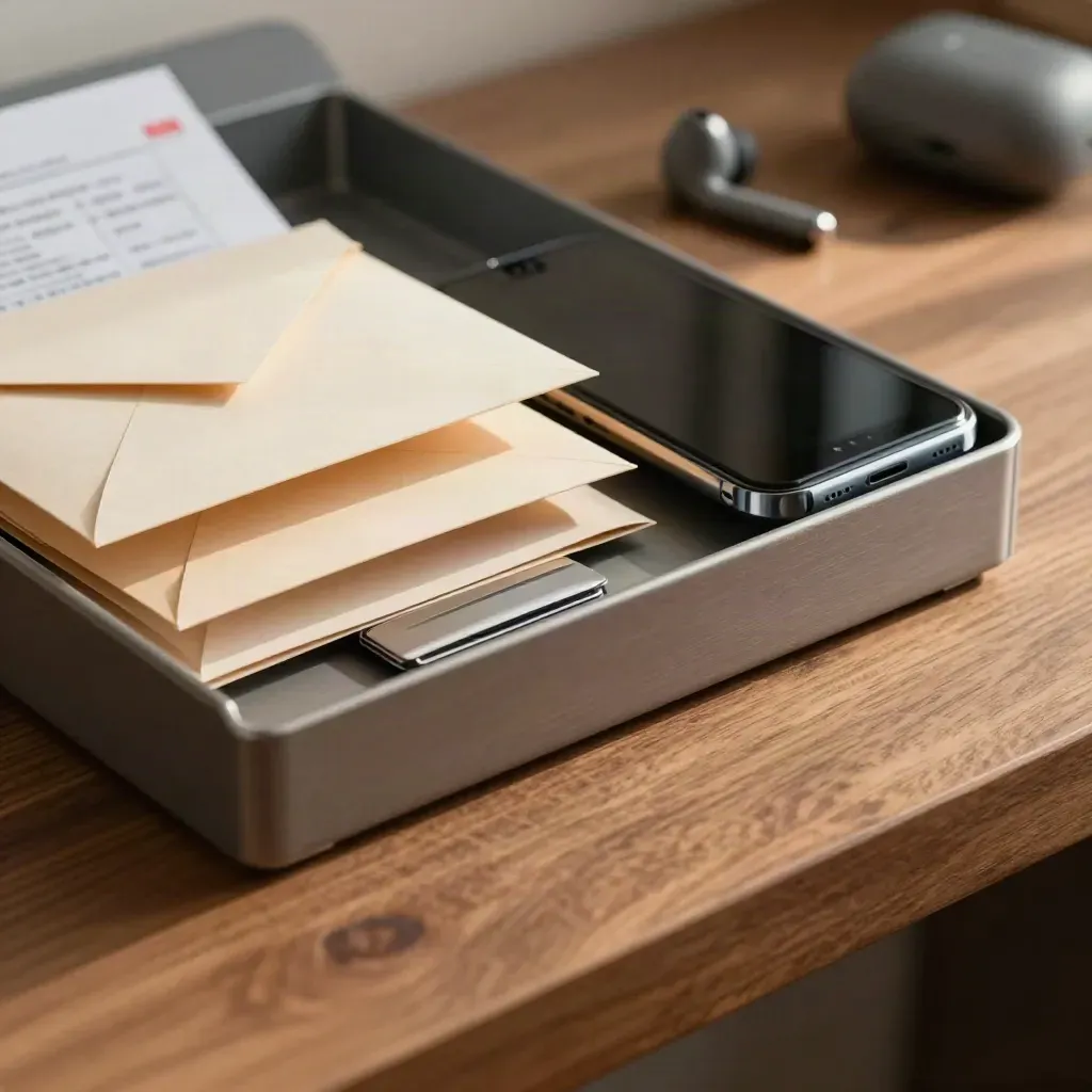 Face-down phone and mail sorter tray on a walnut desk, lit by soft afternoon light.