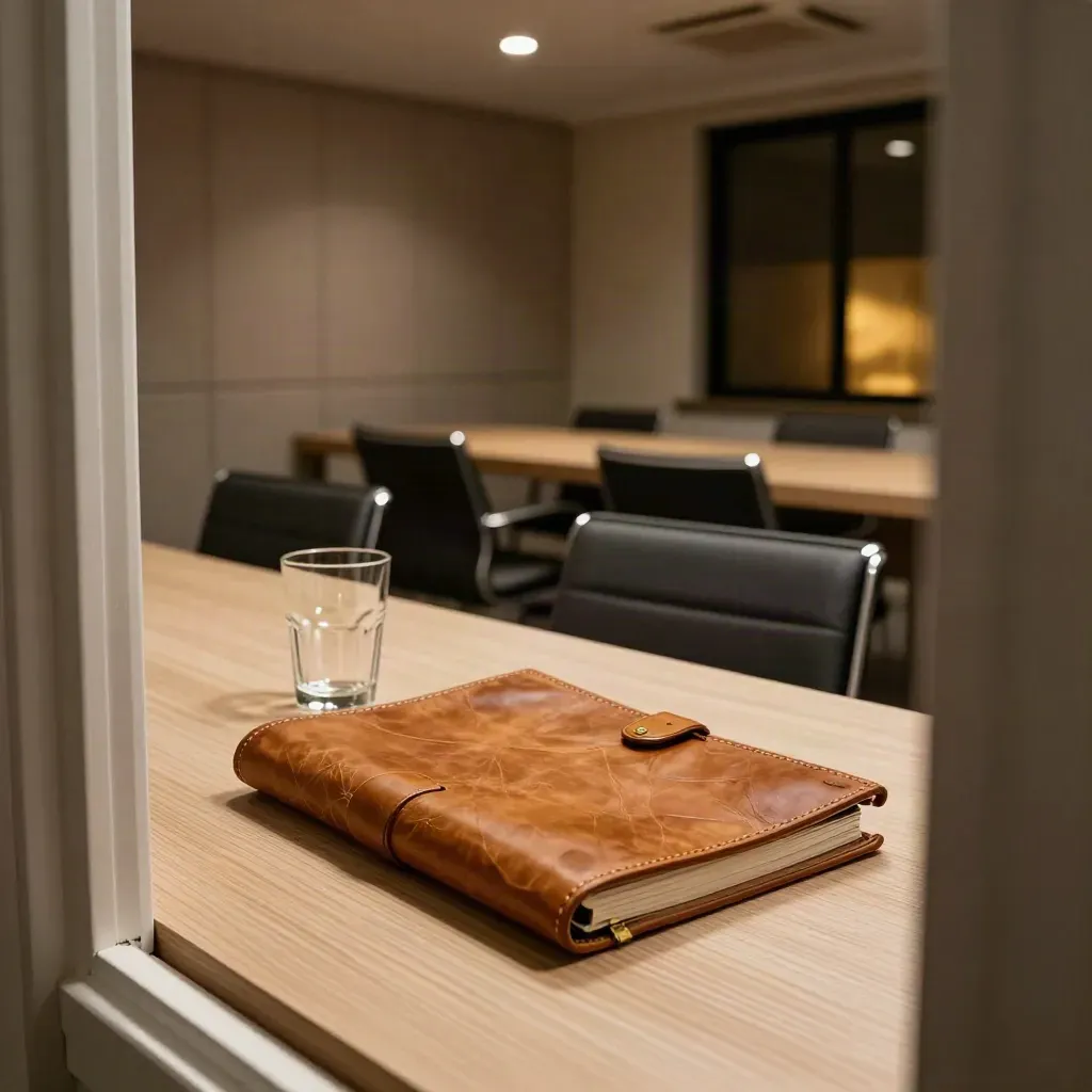 After-hours interview room with a closed folio, two chairs and a water glass in warm gold light.