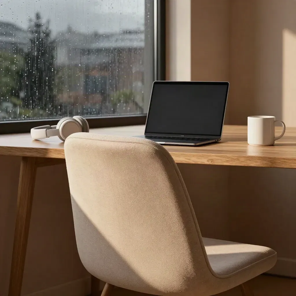 Rain-streaked window, closed laptop, headphones and pulled-back chair in a quiet evening home office.