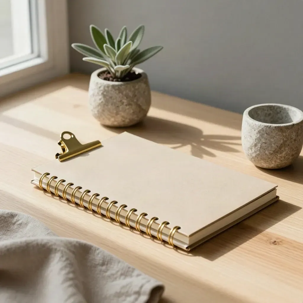 Closed ring notebook with plant and stone cup on pale wood, softly lit in a quiet meeting setup.