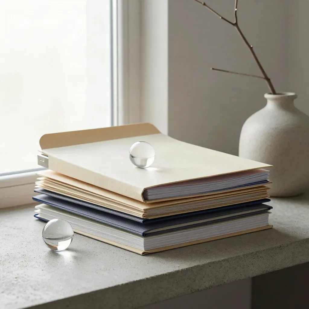 Stacked folders with glass weight and ceramic vase on a concrete shelf